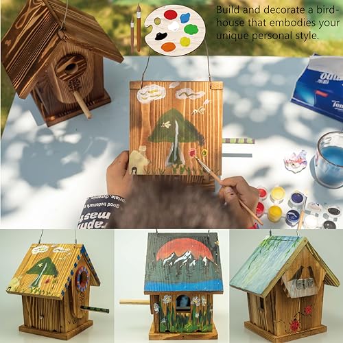 Bird House Kit for Kids & Adults, DIY Cedar Birdhouse with Paint | Mortise & Tenon, Carbonized Cedar, 3 Entrance Sizes, Stainless Steel Hooks, for Bluebird Wren Cardinal