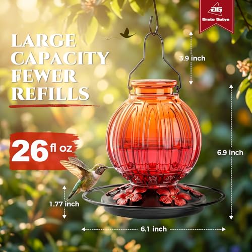 2 Pack Glass Hummingbird Feeder for Outdoors Hanging, Bird Nectar Feeder with Perch & 5 Flower Feeding Ports, 26 Oz Leak Proof for Outside Garden Decor Backyard, Gifts for Women Mom, Red + Orange Red - color: Red + Orange Red