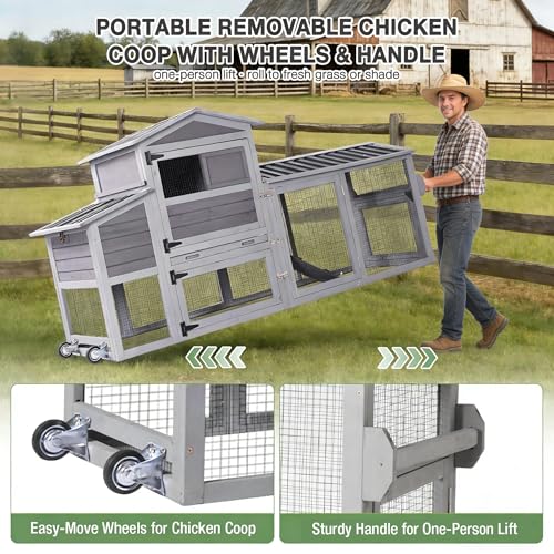 80" Large Chicken Coop on Wheels, with Run, Outdoor Wooden Hen House with Nesting Box, Leakproof Pull-Out Tray & Waterproof Roof, for 4–6 Chickens - color: Grey (AIR61)