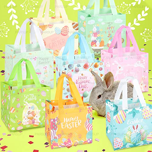 16PCS Happy Easter Egg Hunt Bags Easter Bunny Carrot Chick Egg Gift Bags with Handles, Easter Treat Bags, Easter Party Supplies , 8.3×7.9×5.9inch - color: Pink Green Orange Blue