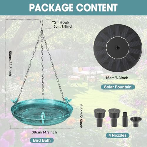 DazSpirit 14.9" Hanging Bird Bath with Solar Fountain for Outdoors | Metal Birdbath with Fixed Solar Panel, 4 Nozzles & 3 Removable Decorative Birds for Garden, Patio, Porch & Yard Gifts