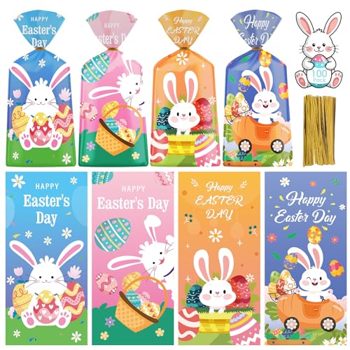 Litmitfu 100 Pcs Happy Easter Treat Bags - Cute Bunny Cellophane Goodie Bags, Plastic Happy Easters Day Cello Candy Goody Gift Bag with Twist Ties for Spring Easter Party Favor Supplies, 4 Styles - color: Easter