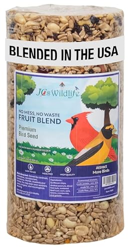 JCs Wildlife No Mess No Waste Fruit Blend Bird Seed Cylinder with Hole, Hull Free Wild Bird Food for Outside Feeders, Cardinals Woodpeckers Chickadees Nuthatches Wrens, Made in the USA, 2 lb Pack of 1 - size: 2 Pound (Pack of 1)