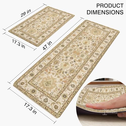 Boho Kitchen Mat, 2PCs, 17.3" x 47" + 17.3" x 29", Cream & Gold | Non-Slip Cushioned Comfort Washable Anti-Fatigue Floor Rug, Ergonomic Standing Rugs, Set of 2 for Home, Sink, Laundry - color: Black-1