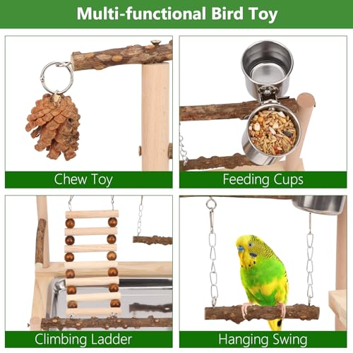 Wontee Bird Playground Wooden Bird Perch Stand Ladder Swing with Removable Tray & Feeding Cups for Budgies Parakeets Caique Senegal Cockatiels Conures