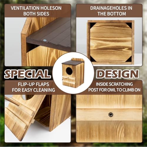 9'' x 14.5'' Owl House for Outdoor, Screech Owl House, Bird Box Large Handmade Wooden Circular Opening Screech Box for Outside with Mounting Screws and A Bag of Wood Shavings