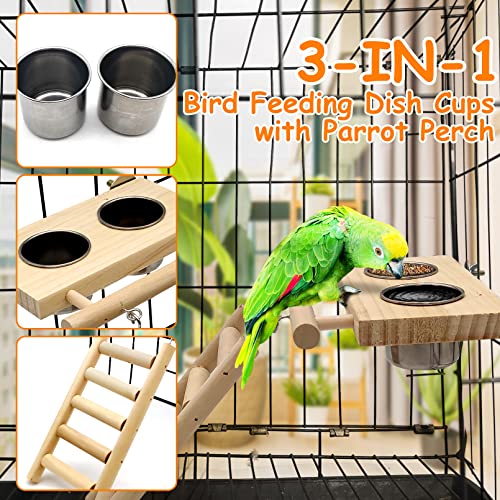Tfwadmx Bird Food Stainless Steel Cups Wooden Perch Stand Hanging Feeder Bowls Feeding and Watering Supplies for Parakeets Conures Cockatiels Budgie Parrot - size: Style 1