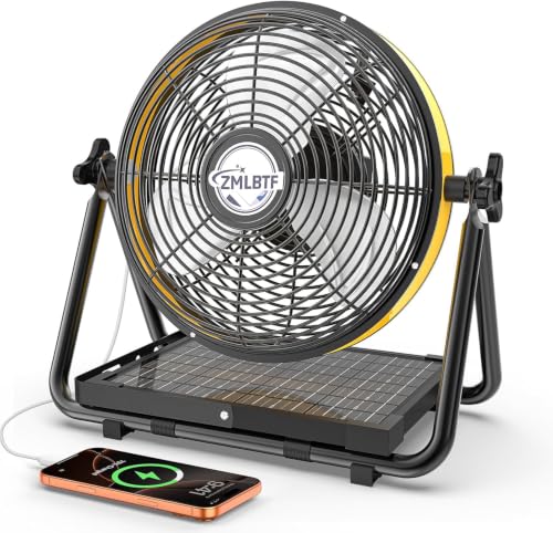 10 Inch Solar Powered Outdoor Fan with 10W Detachable Solar Panel | Built-in Rechargeable Battery, Dual Wind Speed & 360° Adjustable Tilt for Camping, Travel Tent, Greenhouse - color: 10" Yellow Black