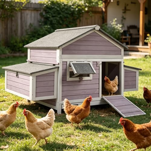 Large Chicken Coop for 2-4 Chickens, Outdoor Wooden Hen House with Weatherproof Asphalt Roof, 4 Sectionable Nesting Box, Dual Ramp Doors, Pull-Out Tray, 67.3" L x 36.8" W x 40.6" H - Grey - size: 67.3"L x 36.8"W x 40.6"H