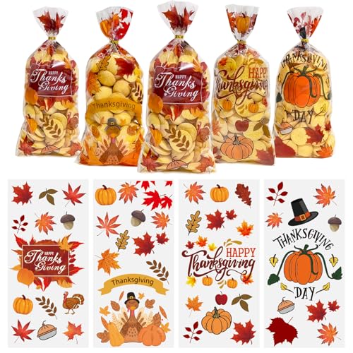 QOIUSO 50PCS Thanksgiving Treat Bags with 60 Twist Ties – Fall Cellophane Gift Bags for Cookies, Candy, Snacks, and Party Favors – Pumpkin, Turkey & Maple Leaf Thanksgiving Goodie Bags for Kids - color: Thanksgving-50pcs