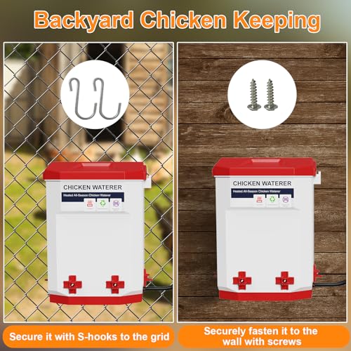 Heated Chicken Waterer 1.9 Gal, Winter, Freeze Proof Chicken Waterer, 4 Nipples for Clean Water，Detachable Legs, Adjustable Height for Chickens, Pigeons, Beaked Poultry