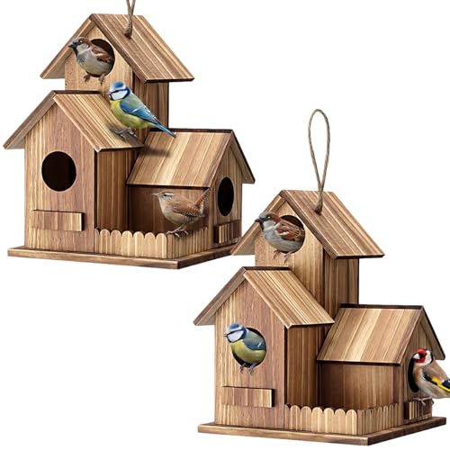AceOrbit 2 Pcs Bird Houses for Outside 3-Hole Wooden Birdhouse 7.48 x 5.91 x 5.91 Outdoor Hanging Bird House for Finch Bluebird Chickadee Wren Hummingbird Weatherproof Garden Courtyard Decor