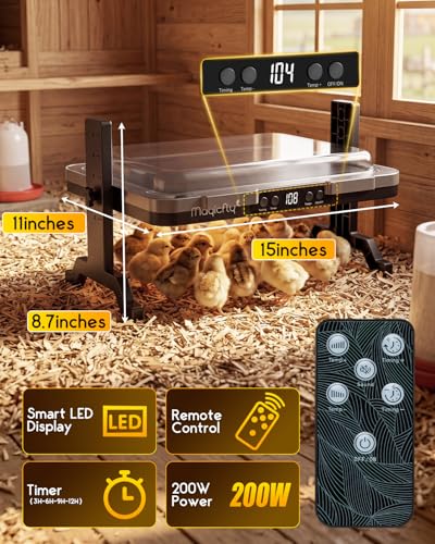 Magicfly Brooder Plate for Chicks, 200W Radiant Brooder Heating Plate | 11" x 15" Chicken Coop Heater for 20 Chicks, Digital Temp & Timer, with Remote Control & Cover for Ducklings, Quail