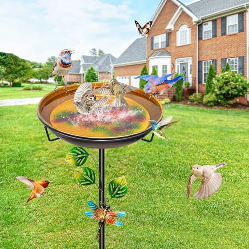 Bird Bath for Outside, Outdoor Metal Birdbath with 5-Prong Stake | 35.4In Height, Adjustable Height, Rust Resistant Finish, Easy Assembly, Shallow Bowl Design, Lawn Patio Decor Gift - color: Orange-yellow