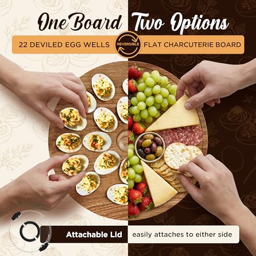 Trauful Deviled Egg Carrier with Lid and Handle | Reversible | Wooden Portable Deviled Egg Containers with Lid for Party Travel | Covered Platter Tray Holder | Holds 22 Eggs, Acacia Wood - color: Acacia