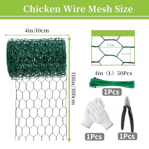 Floral Chicken Wire, Chicken Wire for Floral Arrangements for Reinforce Fencing 4 x 118 Inch Hexagonal Galvanized Mesh Fence with Gloves Ties & Cutter