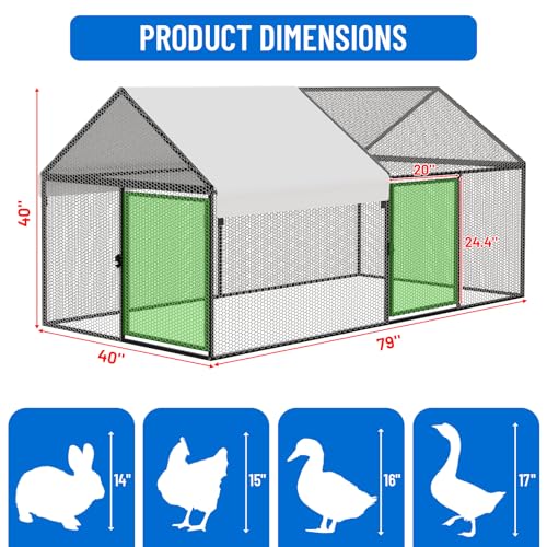 NUGRIART Metal Chicken & Duck Coop with Run – 79”x40”x40” Waterproof Poultry Cage, Portable Chicken Run, Ideal for Chicks, Hens & Ducks - size: 79"L x 40"W x 40"H