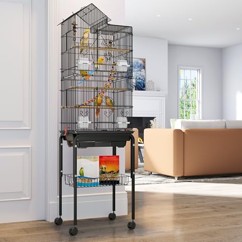 YITAHOME 62 inch Metal Bird Cage, Large Parakeet Cages | Bird Cage for Parrot, Cockatiel, Lovebird, Pigeon with Roof Top, Rolling Stand and Hanging Accessories - color: Black