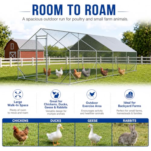Large Metal Chicken Coop Run with Removable PE Cover, Walk-in Galvanized Steel Poultry Enclosure with PVC-Coated Wire Mesh and Lockable Door for Chickens, Ducks and Rabbits (10'Lx26' W x6.56' H) - size: 312.0"L x 120.0"W x 78.7"H