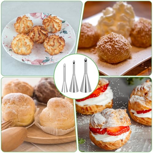 Cream Filling Piping Tip, 3PCS Long Puff Nozzle Tips, for Donuts | with 50 Disposable Pastry Piping Bags, & Injector Tip Cleaning Brush, Cupcakes, Cream Puffs