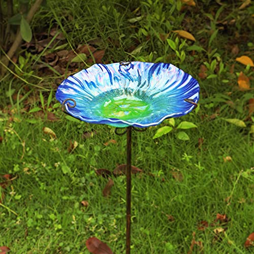Glass Bird Bath for Outside, Blue Bird Feeder Birdbaths for Oudoors | 26 Inch Blue Bird Baths Combines Garden Decor & Bird Feeder Functions, Stable Four-Prong Stake, Easy to Install and Clean - color: Blue