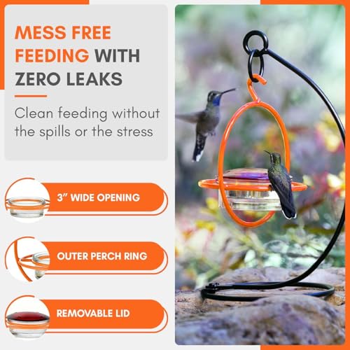Hummingbird Feeder for Outdoors Hanging, 3.4 OZ Hummingbird Feeders, Glass Bowl with 4 Feeding Ports, Leak Proof Lid & Circular Perch, Orange Bird Feeder, Unique Hummingbird Feeders - color: Orange