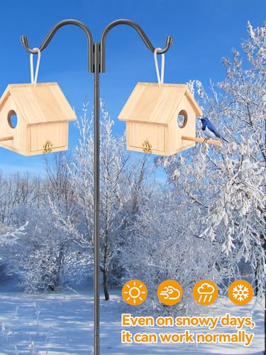 Heavy Duty Double Shepherds Hook for Outdoor, Stable 5-Prong Base, 62 inch Adjustable Height Garden Pole for Bird Feeder, Hanging Plants, Solar Lights, 11/16" Thick Metal Hummingbird Feeder, Anti-Rust - size: 62", Double Hooks
