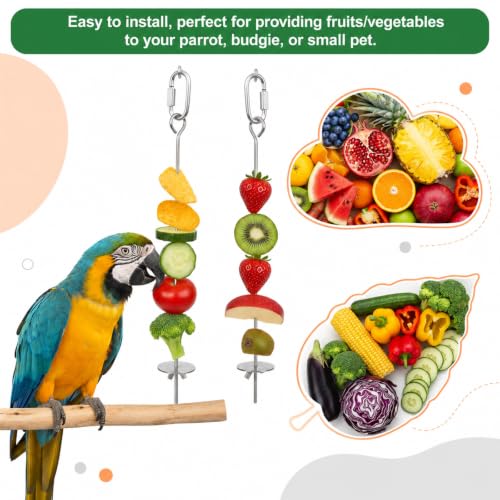 2 PCS Bird Cage Holder Bird Foraging Toys Fruit Birds Feeder | Stainless Steel Hanging Vegetable Fruit Feeder Parrot Fruit Vegetable Skewer for Parakeet Budgie Macaw
