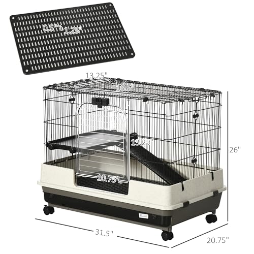 PawHut 26" Small Animal Cage with Wheels, 2-Level Portable Bunny Cage, Chinchilla Ferret Cage with Removable Tray, Platform and Ramp | Portable Chinchilla Ferret Cage, Platform, Ramp - size: 31.5"L x 20.8"W x 26.0"H