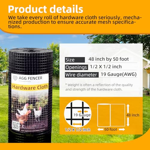 48in x 50ft Black Hardware Cloth 1/2 inch 19Ga PVC Coated Mesh | Vinyl Coated Fence, Welded Metal Chicken Wire Fencing Roll, Garden Plant Fencing, for Chicken Coop and Home Improvement - size: 1/2 inch 48in x 50ft