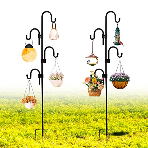 Shepards Hooks for Outdoor Adjustable Bird Feeder Pole with 5 Base Prongs 76 Inch Heavy Duty Garden Hanging Holder for Lanterns, Solar Lights, Bird Feeder, Wedding, Planter Pot-4 Hooks - color: 4 hooks-76in