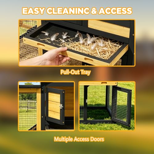 Wooden Chicken Coop with Run, Outdoor Hen House Poultry Hutch with Removable Tray & Ramp, Wire Fence, Weatherproof Roof, for Backyard 2-3 Chickens - color: Yellow