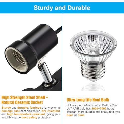 DaToo Reptile Heat Lamp Rotatable Turtle Heating Light with 50W UVA UVB Heat Bulb Simulated Sunlight Basking Spot Lamp with Clamp for Reptiles Lizard Amphibian Bearded Dragon Snake (With Timer&Dimmer) - style: 50Watt Reptile Heat Lamp(With Timer&Dimmer)