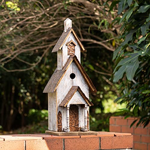 Glitzhome Rustic Hand Painted Wooden Church Birdhouse, Extra-Large 23.62" H Hanging Bluebird Houses for Outside, Decorative Bird House for Yard and Garden Decoration - color: Washed White