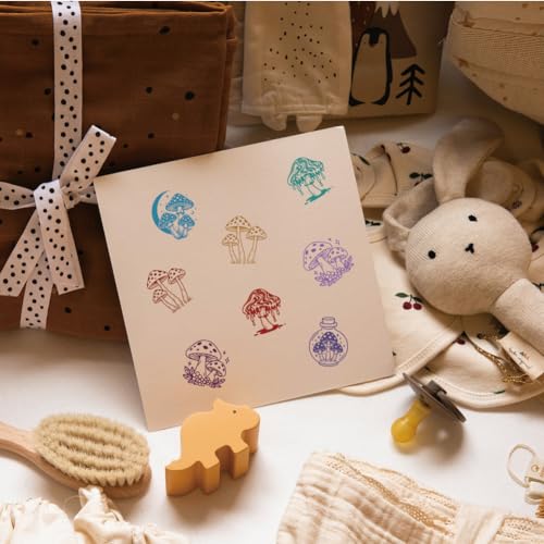 AHANDMAKER 5 Styles Egg Stamps, Cartoon Mushroom Pattern Mini Wooden Rubber Stamp for Fresh Eggs Unique Designs Egg Drawing Stamps for Eggs Famers and Chicken Owners Scrapbooking Card(No Ink Include) - style: Mushroom