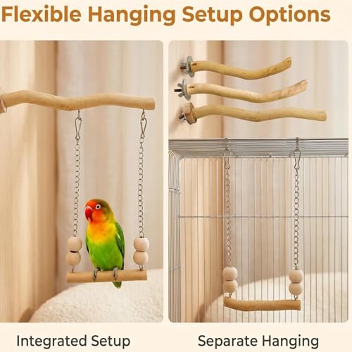 Bird Perch and Swing Set for Small Birds, Natural Wood Cage Accessories | 2-in-1 Integrated Perch with Hanging Swing for Budgies, Parakeets, Cockatiels & Lovebirds, Encourages Climbing & Activity - size: Medium