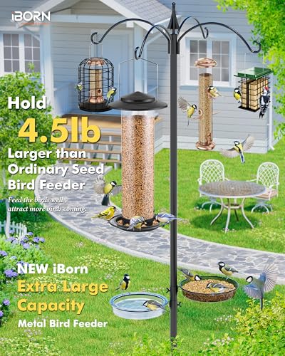 iBorn Metal Bird Feeder for Outside Hanging,Wild Bird Feeders for Cardinal,18cm Large Roof&Green,42CM Long,4.5lb High-Capacity(Seed is not Included) - color: Black, size: 4.5LB，7′′Large Roof