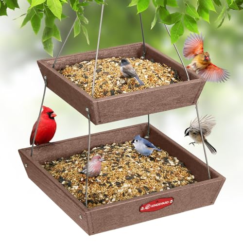 Kingsyard 2 Tier Large Platform Bird Feeder for Outdoors Hanging | Large Recycled Poly Lumber Tray, 5 Lbs Capacity, Garden Decoration Attracts Cardinal Bluebird Goldfinch, Brown - color: Brown