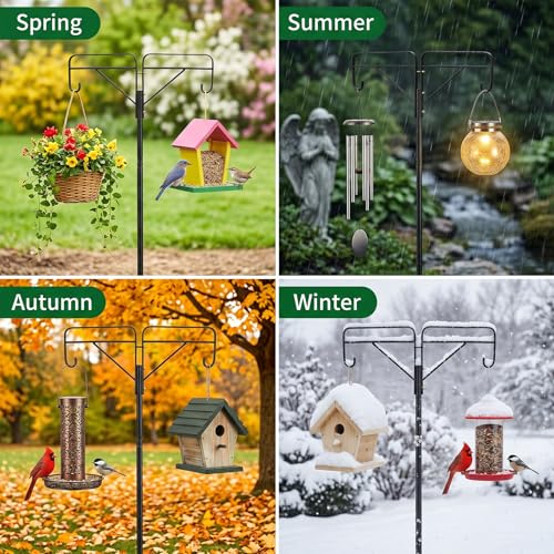 Frcctre Adjustable Double Shepherds Hooks for Outdoor, 61 Inch Tall Bird Feeder Pole with 5 Prongs Base, Heavy Duty Garden Hanger Stand for Hanging Flower Basket, Lantern, Bird Nests