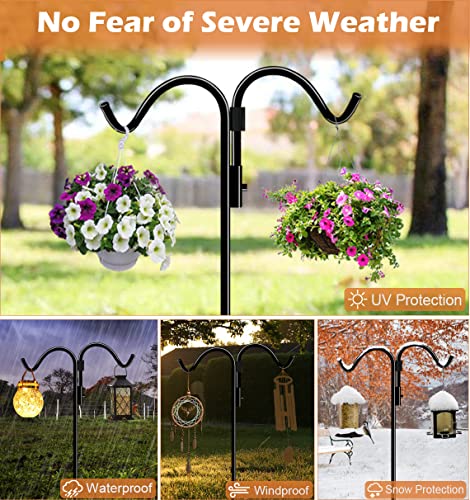 92 Inch Double Shepherds Hook for Outdoor with 5 Prong Base | Adjustable Heavy Duty Bird Feeder Pole for Hanging Flower Basket, Plant Hanger, Solar Light Lanterns, Black - size: 92in-1pcs