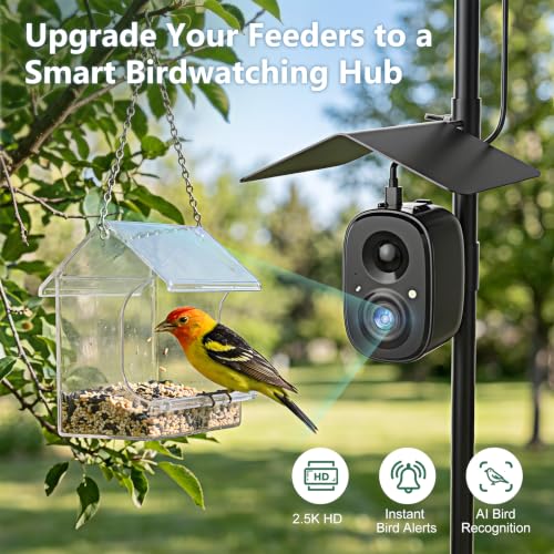 Smart Bird Camera Solar Powered with Pole for Feeder/Bath Birdwatching | 2.5K UHD Video Auto Capture, Free AI Bird Identification, Instant Alerts, Wireless Outdoor Cam, 2.4G, for Mom/Dad/Bird Lovers