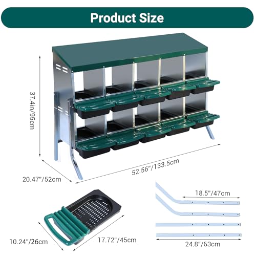 GarveeLife Chicken Nesting Box, 10 Compartments Nesting Boxes for Chickens, Chicken Laying Boxes with Metal Leg, Roll Away Nesting Box for Chickens Laying Egg to Protect Eggs, Green - color: green, size: 50.7"L x 20.5"W x 37.4"H