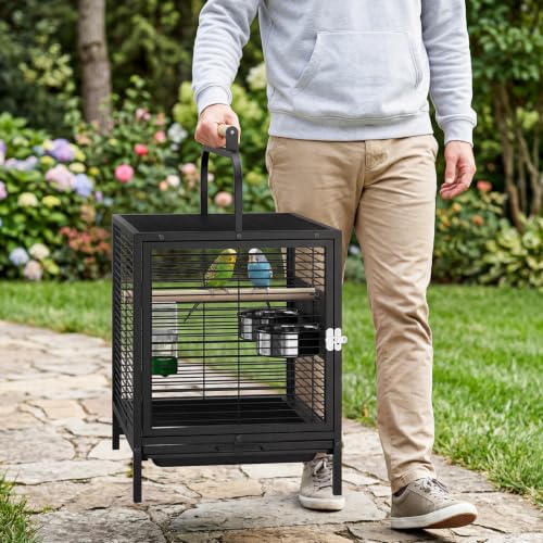 25.9''H Travel Bird Cage for Small Parrots Wrought Iron Portable Carrier Parrot Cage with Food Bowl/Perch, Slide-Out Tray for Canaries Budgies Parrotlets Lovebirds Conures Cockatiels, Black | Wrought Iron Portable Carrier Parrot Cage w/ Slide-Out Tray for