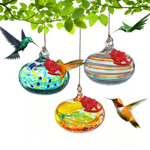 QFkris 3 Pack Blown Glass Hummingbird Feeder for Outdoors Hanging | 3.2" Small Humming Bird Feeder with Flower Feeding Ports for Outside, Garden Backyard Decor, Gifts for Women - color: Rainbow
