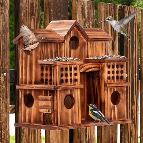 MIXUMON 8-Room Wooden Bird House with 2 Front Feeders – Large Outdoor Birdhouse for Multiple Birds, 1.57” Entrance Holes, Easy Access Cleaning Doors, Rustic Burnt Wood Design for Garden, Yard & Patio
