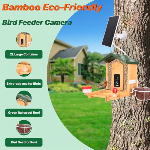 Smart Bird Feeder with Camera Solar Powered, 4K UHD Video Live Stream 8MP Photos, AI Bird Species Identification, Instant Arrival Alerts, Weatherproof Bamboo Design, Best Gift for Bird Lovers