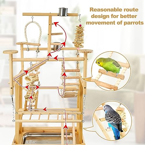 LIMIO Bird Playground - Natural Wood Parrot Playstand with Perches, Bird Play Gym & Accessories, Removable Tray & 4 Stainless Steel Cups