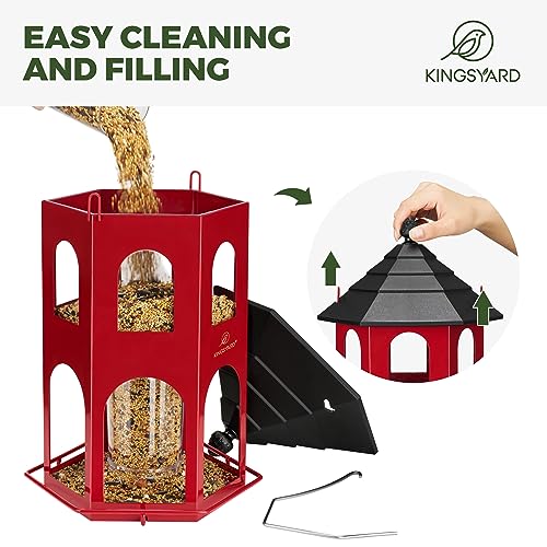 Kingsyard Metal Bird Feeder for Outdoor Hanging, Wild Bird Feeders with Circular Perch, Easy to Clean & Refill, 4 lbs Large Seed Capacity, Red - color: Red