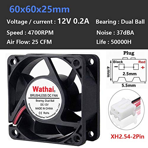 Wathai 60mm x 60mm x 25mm 12V DC Case Fan Brushless Cooling Fan Dual Ball 2P - style: 12V Ball 60mm