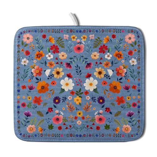 Lovely Flowers Dish Drying Mat - Blue Floral Kitchen Counter Microfiber Drying Pad 16 X 18 for Home Decor - color: Wildflowers Blue, size: 18" x 16"